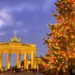Brandenberg Tor i skumringen, Berlin, Tyskland.