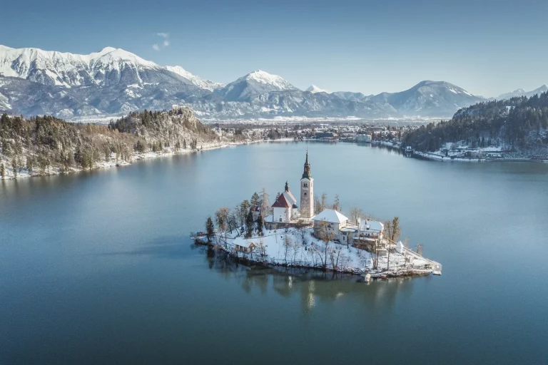 Lake Bled with Bled Island in winter, Slovenia