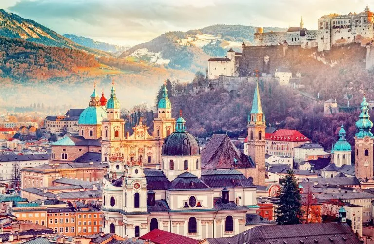 Salzburg, Austria, Europe. City in Alps of Mozart birth.  Panoramic view of Salzburg skyline with Festung Hohensalzburg and in autumn. Famous town and popular international travel destination.