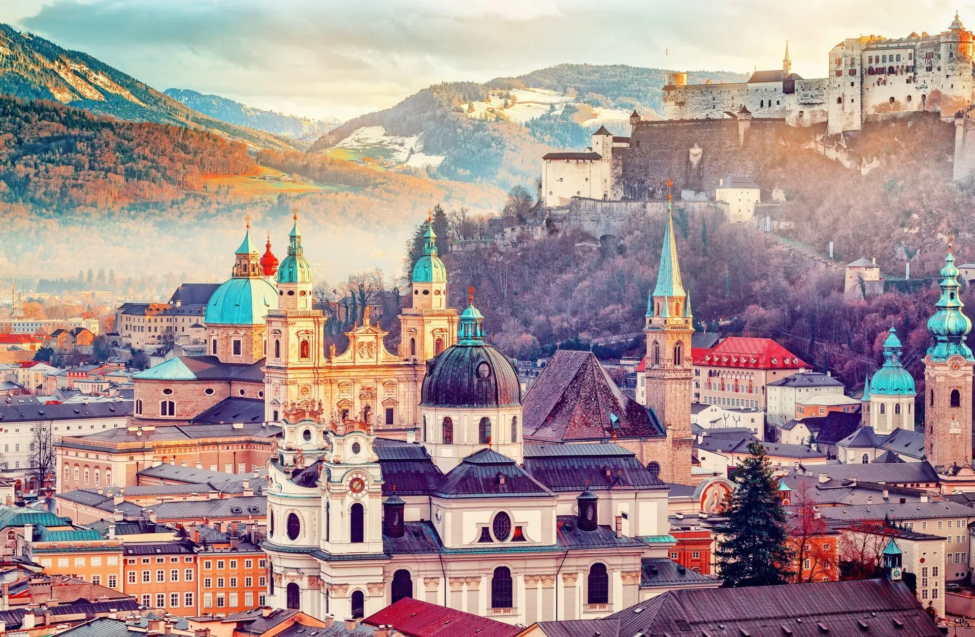 Salzburg, Austria, Europe. City in Alps of Mozart birth.  Panoramic view of Salzburg skyline with Festung Hohensalzburg and in autumn. Famous town and popular international travel destination.